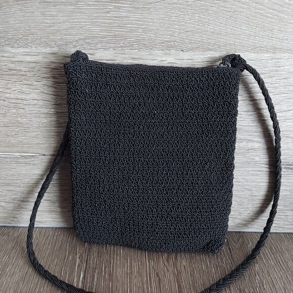 Vintage 90s Black Crocheted Cross Body Bag With Brown Butterfly Detail - Picture 2 of 9